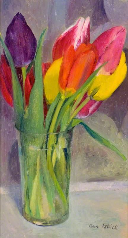 Tulips in a Glass (1984), oil on board by Ann Patrick (b. 1937)