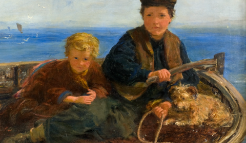 ‘Two Boys and a Dog in a Boat' by William McTaggart. A painting of two young boys with a small dog in a boat with the ocean behind them.